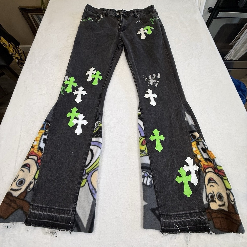 Custom Black Cross Patch Flare Jeans Toy Story Panel Raw Hem Y2K Size 34